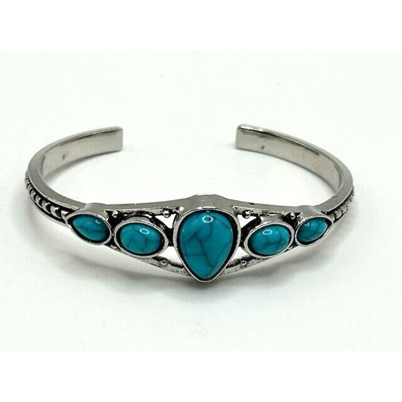 Faux Silver Turquoise Stones Open Bangle Cuff Bracelet Jewelry Boho Southwestern - Picture 1 of 8
